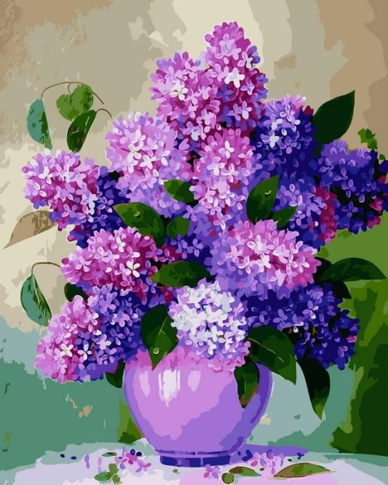 Moteriškas piešimas su skaičiais tapyba pagal numerius -   Alyvinė puokštė vazoje 40x50 cm + Medinis Rėmas