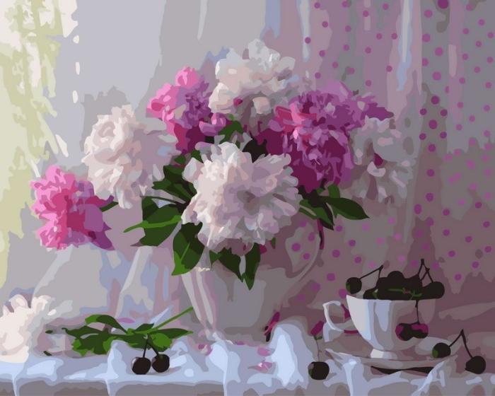 Moteriškas piešimas su skaičiais tapyba pagal numerius -   Bijūnų puokštė su vyšniomis 40x50 cm + Medinis Rėmas