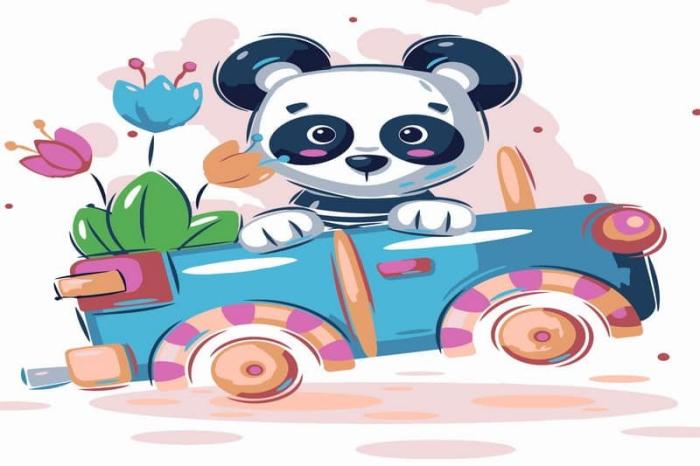 piešimas su skaičiais tapyba pagal numerius -   Pandos vairavimo žaislinis automobilis 20x30 cm + Medinis Rėmas